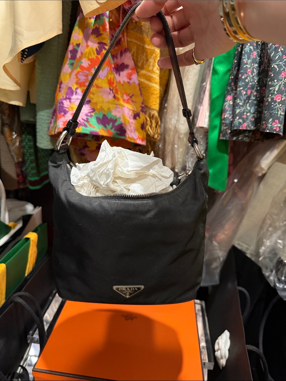 Prada Black Nylon Shoulder Bag with Silver Triangle Logo
